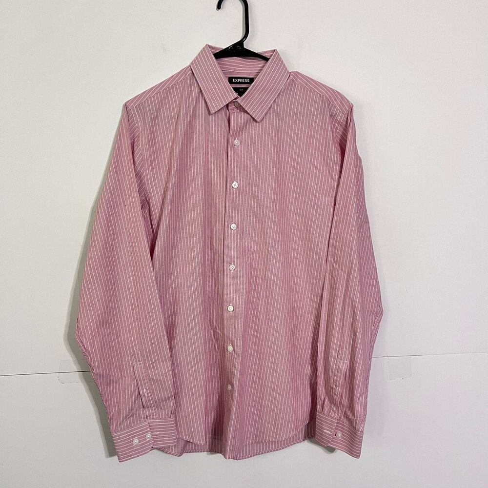 Express Mens Shirt Size M 15-15.5 Pink Striped Slim Fit Long Sleeve Button Up